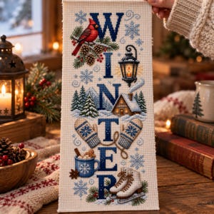 Peut inclure: Un échantillon de point de croix vertical sur tissu crème affichant le mot WINTER en lettres bleu foncé. Le motif comprend un cardinal rouge, une lanterne, un chalet enneigé, des moufles bleues, un mug de cacao et des patins à glace blancs.