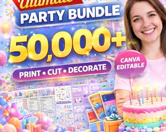 Paquete de más de 50.000 plantillas para regalos de fiesta | Decoraciones editables para fiestas en Canva, bolsas para papas fritas, etiquetas para botellas de agua, kit de bricolaje para cumpleaños, descarga instantánea