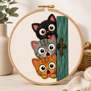 Peut inclure: Un tambour à broder circulaire présentant un motif au point de croix de trois chatons empilés regardant derrière une porte sarcelle. Le chaton du haut est noir, celui du milieu est tigré gris et celui du bas est tigré orange, tous aux yeux écarquillés.