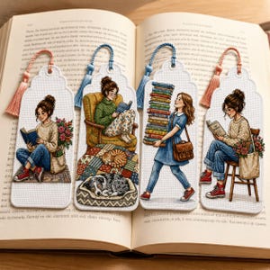 May include: Four rectangular fabric bookmarks with rounded tops and tassels, each featuring detailed illustrations of people reading books. The designs include a person sitting with flowers, a person in a chair with pets, a person carrying books, and a person on a stool.