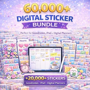 Puede incluir: Un paquete de pegatinas digitales con el texto "60.000+ DIGITAL STICKER BUNDLE" en un diseño morado y dorado. La imagen muestra una tableta con un diseño de planificador, rodeada de hojas de pegatinas, un reloj y una taza de café. También es visible el texto "+20.000+ STICKERS".