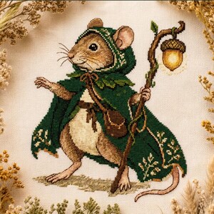Peut inclure: Une broderie au point de croix sur tissu clair représentant une souris brune vêtue d'une cape à capuche vert foncé avec des broderies florales blanches. La souris tient un bâton en bois surmonté d'une lanterne gland lumineuse.