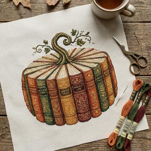 Peut inclure: Une broderie au point de croix sur tissu blanc représentant une citrouille formée par un arrangement circulaire de livres anciens. Les livres présentent des dos dans des tons de vert, orange et rouge avec le texte Autumn Stories et Winter Tales.