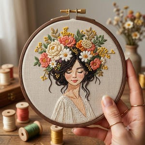 Flower Crown Girl Embroidery Pattern PDF | Hand Embroidery Portrait Thread Painting | Floral Hoop Art Design | Instant Download