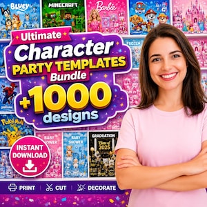 Puede incluir: Un paquete digital de plantillas para fiestas con más de 1000 diseños de personajes populares como Bluey, Minecraft, Barbie, Paw Patrol y Spider-Man. El gráfico incluye el texto Ultimate Character PARTY TEMPLATES Bundle +1000 designs.