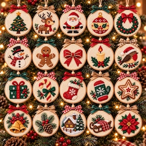 May include: A collection of twenty circular cross-stitch ornaments featuring Christmas motifs including a tree, reindeer, Santa, snowman, gingerbread man, candle, robin, gift, candy cane, stocking, mitten, star, bells, pinecone, house, sled, and poinsettia.