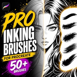 Peut inclure: Image promotionnelle pour des pinceaux d'encrage numériques pour Procreate. L'image présente un visage de femme et des exemples de traits de pinceau. Le texte comprend "PRO INKING BRUSHES FOR PROCREATE" en jaune et blanc, et "50+ BRUSHES" dans un cercle violet.