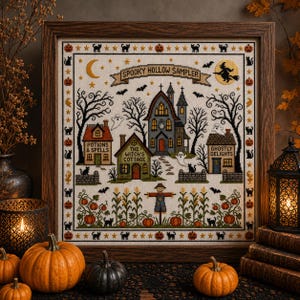 Può includere: Un sampler a punto croce incorniciato intitolato Spooky Hollow Sampler che raffigura una casa stregata, il cottage di una strega, un negozio di pozioni e un edificio di delizie spettrali. Il design include uno spaventapasseri, mais e gatti.