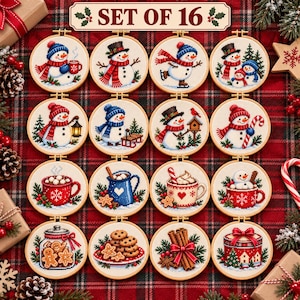 May include: A set of 16 circular cross-stitch ornaments featuring festive holiday designs including snowmen, mugs of hot cocoa, gingerbread cookies, cinnamon sticks, and a gift box, all displayed on a red and green plaid fabric background.