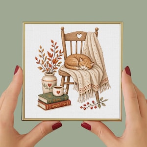 Cross Stitch Pattern Bundle PDF, Cozy Autumn Cross Stitch Patterns, Book Lover Decor, Cat, Coffee, Reading, Cottagecore, DIY Gift