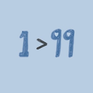 May include: A digital illustration on a light blue background. The image features the number 1, a greater-than symbol, and the number 99. The number 99 has heart-shaped details. The numbers and symbol are in a dark blue color.