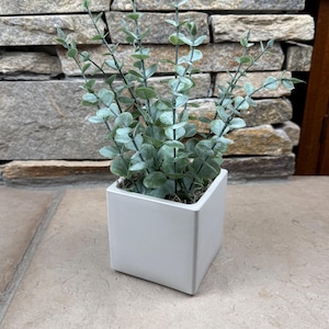 May include: A small artificial eucalyptus plant with sage green leaves on thin stems, potted in a smooth, matte white square ceramic container. The plant features multiple upright branches with small, rounded foliage arranged symmetrically.