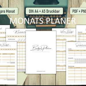 Puede incluir: Un conjunto de páginas de planificación presupuestaria imprimibles en blanco y negro con acentos beige. Las páginas incluyen un presupuesto mensual, un presupuesto semanal, un rastreador de ahorros y un resumen anual. El texto en las páginas dice "Monats Planer" y "Budget Planner".