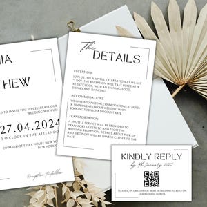 Könnte beinhalten: Eine weiße Hochzeitseinladung mit schwarzem Text. Die Einladung lautet "Sophia und Matthew" und enthält das Datum "27.04.2024" und die Uhrzeit "um 15 Uhr". Die Einladung enthält auch den Ort "JW Marriott Essex House New York, New York".
