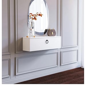 white floating console,tv unit,makeup table,entry organizer,modern furniture, wooden dresser,hallway organizer,home decor,farmhouse decor