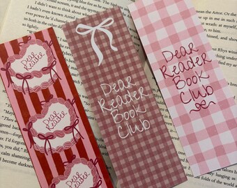 Dear Reader Book Club Bookmarks | Pink Gingham Coquette Bookmark Set of 3 or Individual