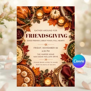 May include: A Friendsgiving invitation card featuring a festive autumn border of pumpkins, fall leaves, and berries. The text reads: GATHER AROUND FOR FRIENDSGIVING, GOOD FRIENDS | GREAT FOOD | FULL HEARTS, FRIDAY, NOVEMBER 20, 6:30 PM, THE HARPER HOME, 1638 CEDAR HOLLOW DRIVE, PLEASE BRING A DISH TO SHARE, RSVP TO MAYA AT 555-0174.