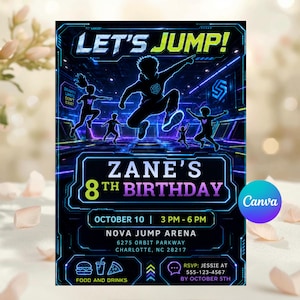 Może przedstawiać: Cyfrowy zaproszenie urodzinowe z motywem ciemnoniebieskiego neonu, przedstawiające sylwetki skaczących dzieci. Tekst głosi: LET'S JUMP!, ZANE'S 8TH BIRTHDAY, OCTOBER 10, 3 PM - 6 PM, NOVA JUMP ARENA, 6275 ORBIT PARKWAY, CHARLOTTE, NC 28217, FOOD AND DRINKS.