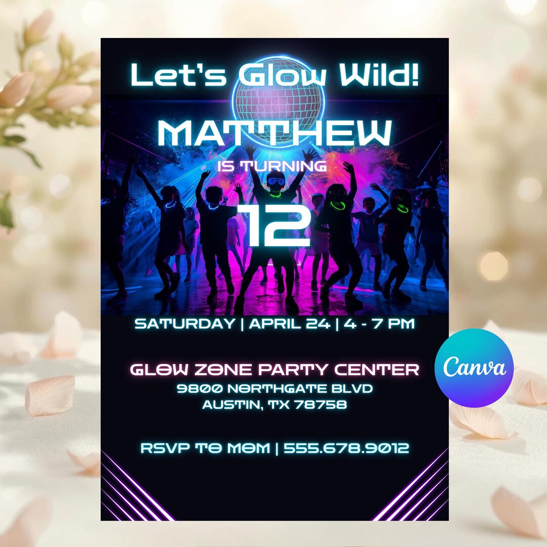 Neon Glow Dance Birthday Invitation, Kids Party Invite, Editable Canva ...