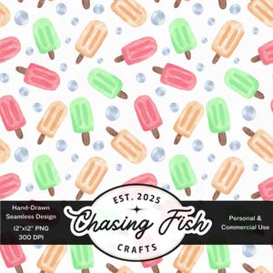 May include: Watercolor seamless pattern featuring popsicles in shades of pink, orange, and green on a white background with bubbles. The design includes the text "Chasing Fish Crafts" and "EST. 2025".
