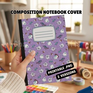 May include: A composition notebook cover with a purple background and a repeating pattern of cartoon snowmen and sleds. The cover has a white rectangular label for the owner's name and a black spine. The text "COMPOSITION NOTEBOOK COVER" is at the top.