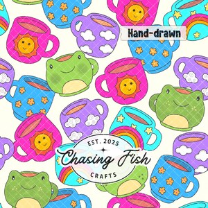 May include: A repeating pattern of colorful mugs featuring hand-drawn designs of smiling suns, green frogs, yellow flowers, clouds, and rainbows. A central white oval label displays the text Hand-drawn, EST. 2025, Chasing Fish, and CRAFTS.