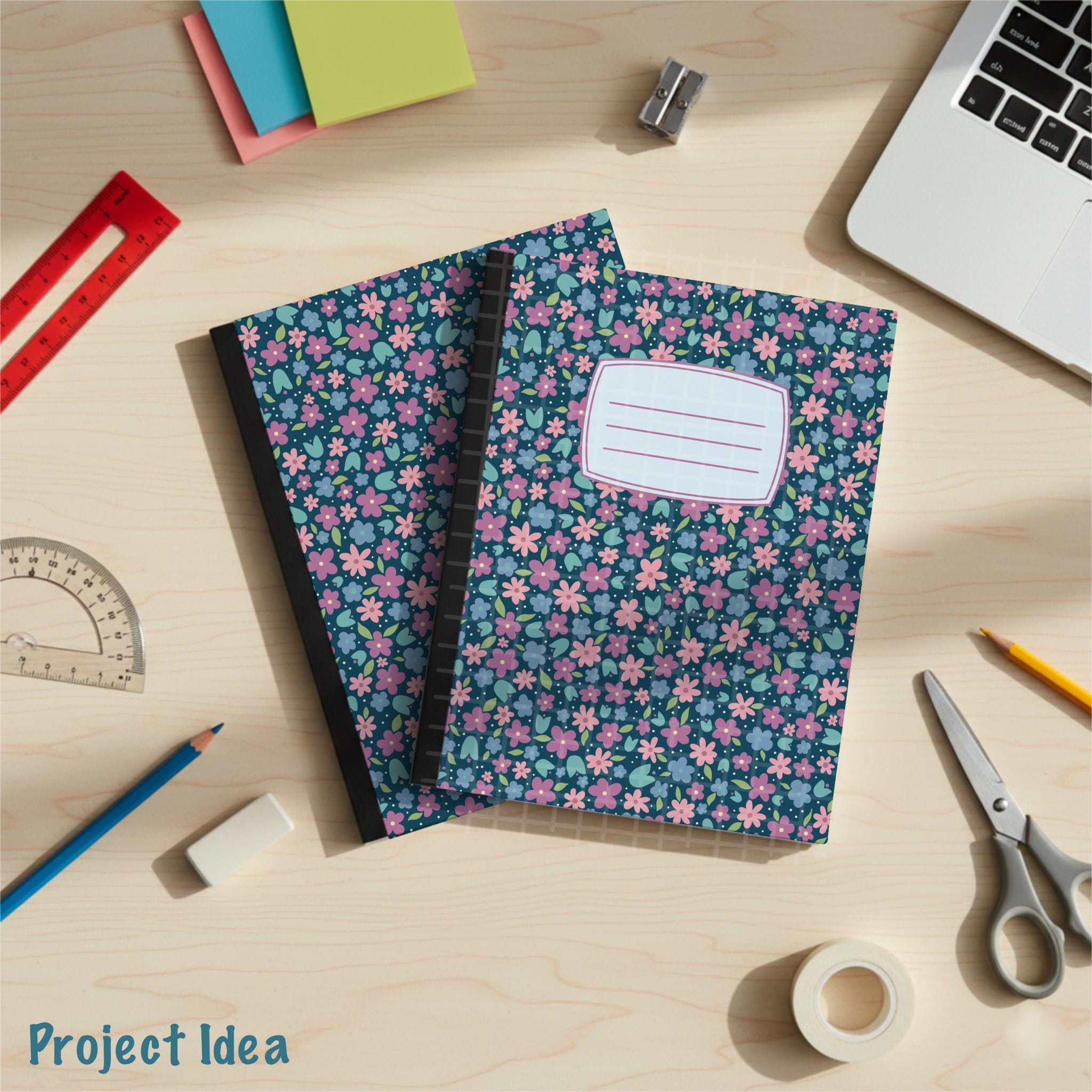 Ditsy Floral Denim Blue Composition Notebook Cover – Printable PNG File ...
