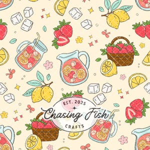 May include: A repeating pattern on a light cream background featuring illustrations of strawberries, lemon slices, ice cubes, pitchers of fruit-infused drinks, and baskets of strawberries. A central oval logo reads Est. 2025 Chasing Fish Crafts.