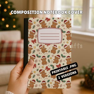 Teddy Bears and Bows Christmas Printable Composition Notebook Cover Digital PNG File