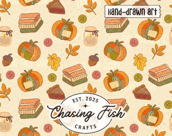Fall Pumpkins Patchwork Seamless Pattern - Quilted Pumpkin, Candle, Blanket, Leaves Digital PNG Download Commercial Use