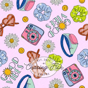 Trendy Retro Vibes Hand-Drawn Seamless Pattern Digital Paper PNG - 90s Y2K Accessories - Heart Sunglasses Scrunchie Camera Fanny Pack