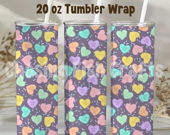 Valentine's Conversation Hearts Candy Hand-Drawn Purple 20oz Tumbler Wrap Digital PNG File