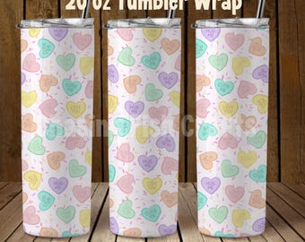 Valentine's Conversation Hearts Candy Hand-Drawn Pink 20oz Tumbler Wrap Digital PNG File