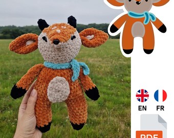 Crochet Deer Plush Pattern – Cute Amigurumi Biche Tutorial PDF – Woodland Animal Toy – Soft Velvet Yarn – English & French Pattern