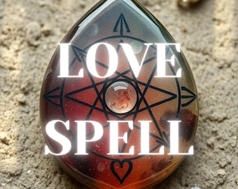 May include: A teardrop-shaped resin pendant with a black and white star design and a clear crystal in the center. The words "LOVE SPELL" are printed in white on the pendant.