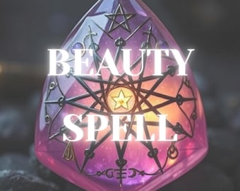 May include: A pink crystal with a star and other symbols inside. The words "BEAUTY SPELL" are written in white letters on the crystal.