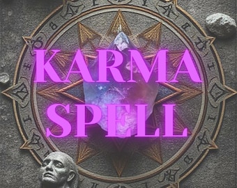 May include: A purple and white crystal sits in the center of a circular, gray, stone-like design with gold accents. The words "KARMA SPELL" are written in large, pink letters.
