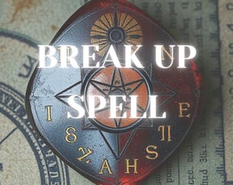 May include: A red and black circular pendant with a five-pointed star and the words "BREAK UP SPELL" in white text.