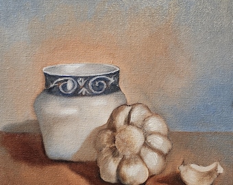 May include: A still life painting of a white ceramic jar with a blue and white decorative band, a white garlic bulb, and a single garlic clove on a brown surface.