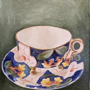 Fancy Teacup, Original oil painting, still life, vintage china teacup, multi-coloured