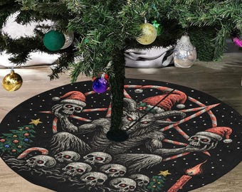 Candy Cane Santa Baphomet Tree Skirt – Gothic Christmas Decor, Dark Holiday Skirt for Goth Home