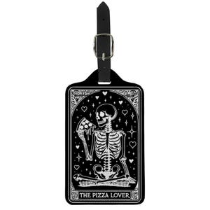 Etiqueta de equipaje de cuero con forma de esqueleto gótico divertido para el amante de la pizza, etiquetas para maletas de viaje, llavero de viaje, regalo gótico