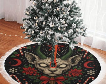 Christmas Tree Skirt, Gothic Black Cat Design, Occult Sphinx Style, Unique Demon Eye Festive Decor, Holiday Ornament, Xmas Decoration