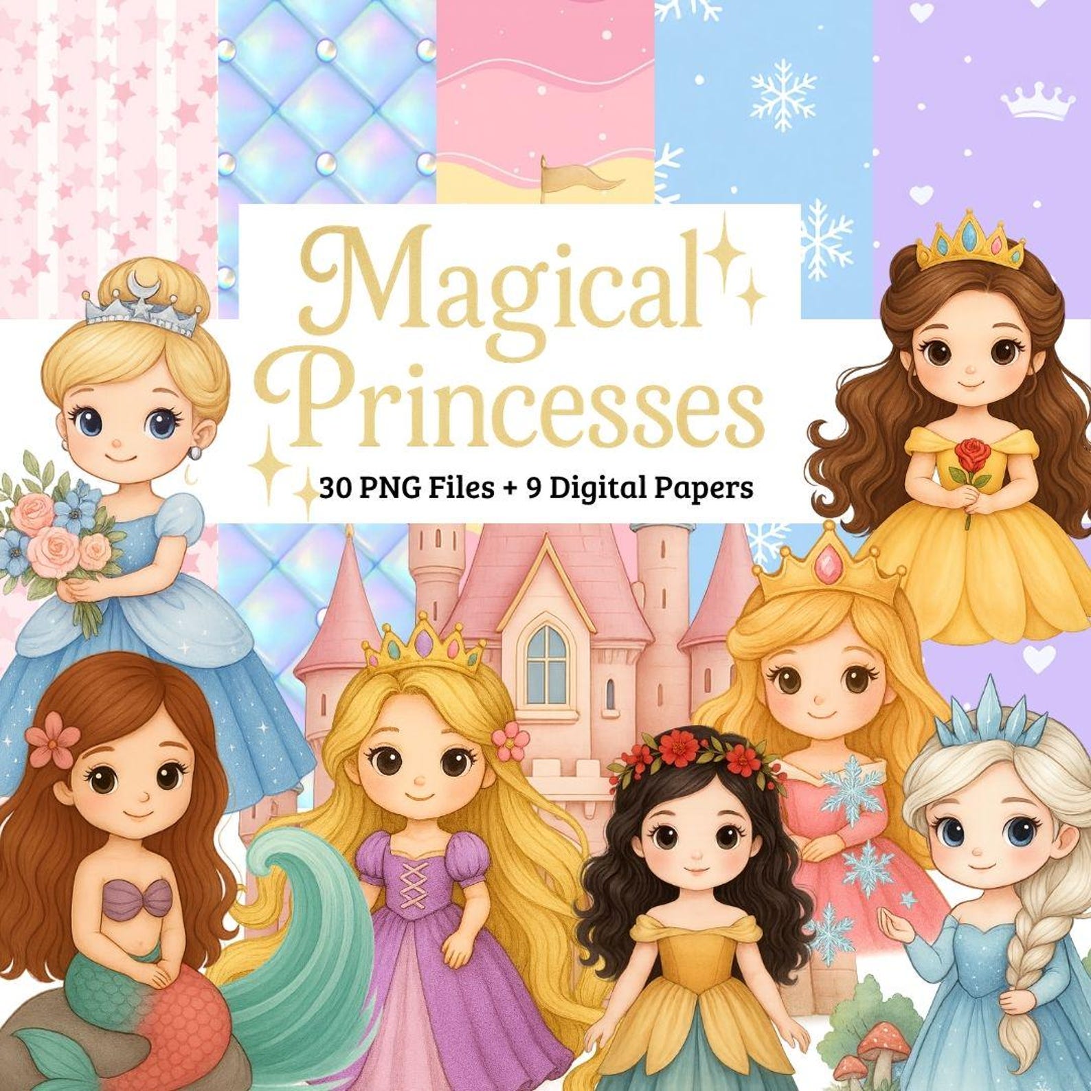 Magical Princesses Clipart Set – 30 PNG Files + 9 Digital Papers ...