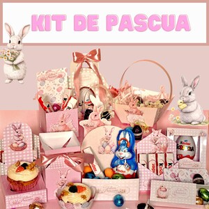 Puede incluir: Un conjunto de regalos y golosinas de temática pascual, que incluye un conejito Kinder azul, cupcakes y huevos de chocolate, todo presentado en cajas y cestas rosas. La imagen incluye el texto "KIT DE PASCUA". Ilustraciones de conejos y lazos decoran el conjunto.