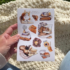 Sticker sheet - Cozy evening | book lover sticker with cute cat, orange munchkin cat, siamese cat and bengal cat, bookworm sticker pack