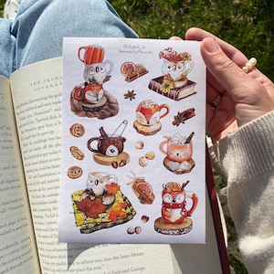 Sticker sheet - Cozy cups | Books and animals for bullet journal, Bear, Fox and owl sticker