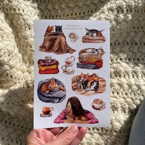 Sticker sheet - Warm space | Cat lover gift, cute cats in the blankets cozy night