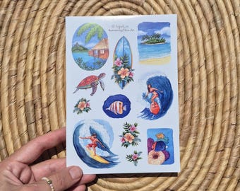 Surf Sticker Sheet - Hawaii & Ocean Vacation Bullet Journal, Island Vibes