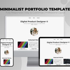 Puede incluir: Una maqueta de sitio web para el portafolio de un diseñador de productos digitales. El sitio web está diseñado en un estilo minimalista con un fondo blanco y texto negro. El sitio web presenta un encabezado con el nombre del diseñador y una breve descripción de su trabajo. El sitio web también incluye una sección para trabajos seleccionados, que presenta imágenes de los proyectos del diseñador. El sitio web es receptivo y se puede ver en dispositivos de escritorio y móviles.